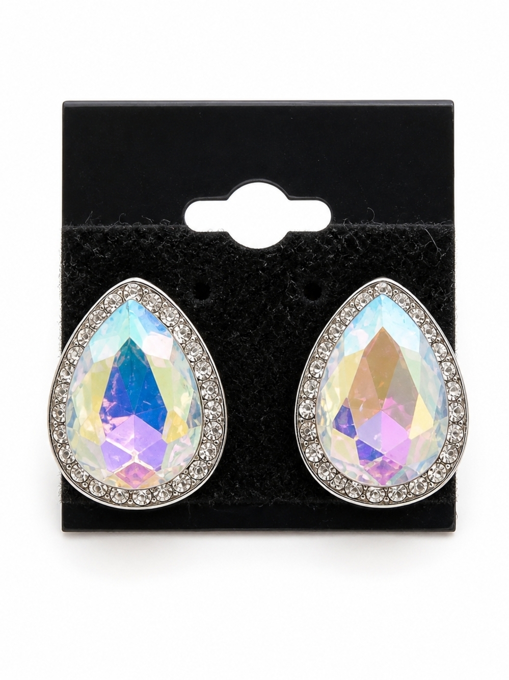 Iridescent Teardrop Stud Earrings AB Crystal Rhinestone Glam Bridal Sparkle